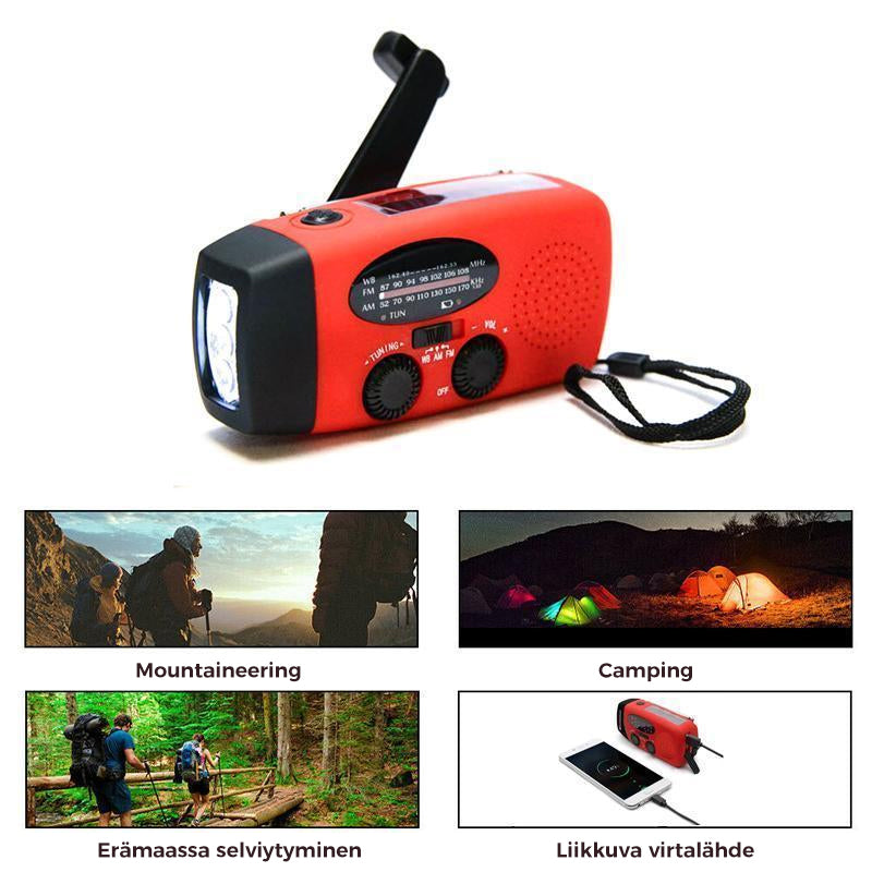 "Aurinkoladattava vedenpitävä hätäradio, LED-taskulamppu, AM/FM/WB-toiminnot, kompaktikokoinen ulkoilmakäyttöön."