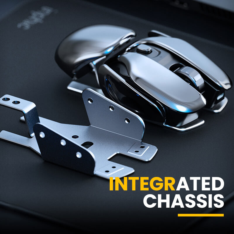 Langaton ergonominen metallihiiri, alumiiniseos, tyylikäs ja moderni muotoilu, hopeinen väri, urheiluauton ulkoasu.