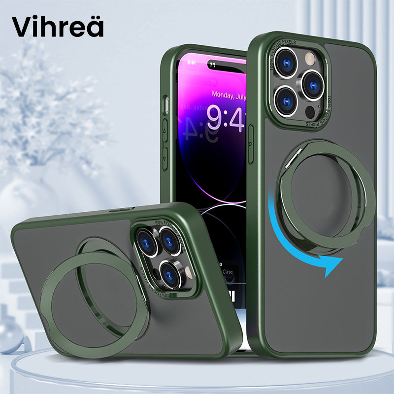 "Magneettinen 360° puhelinkotelo pyörivällä renkaalla, moderni muotoilu, musta tausta, sopii iPhone-mallistoon."