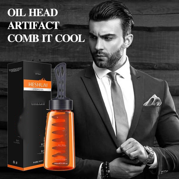 Miesten 2-in-1 muotoilugeeli ja kampa 280 ml, kirkas pullo, musta kampa, helppokäyttöinen hiusten ja parran muotoiluun.