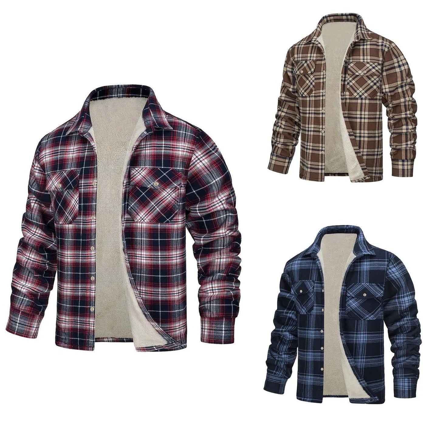 "Miesten flanellinen ruudullinen takki fleecevuorella, klassinen kuosi ja napit, lämmin ja tyylikäs ulkoiluun."