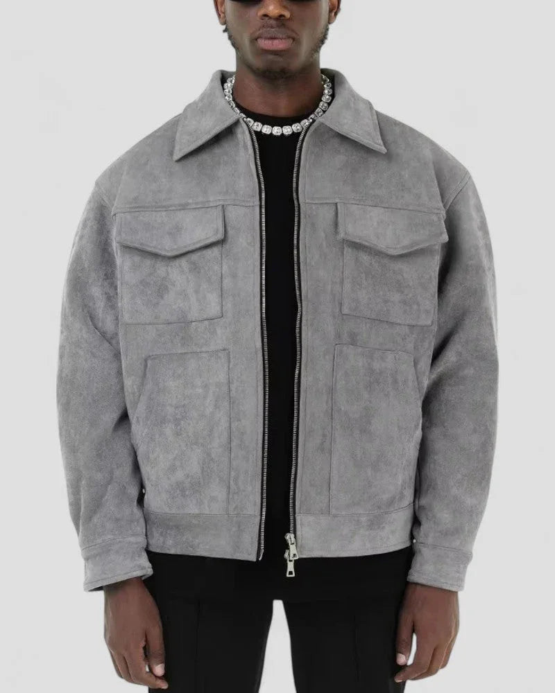 Miesten harmaa kevyt rento vetoketjutakki, tyylikäs ja ajaton muotoilu, sopii viileille päiville ja arjen seikkailuihin.