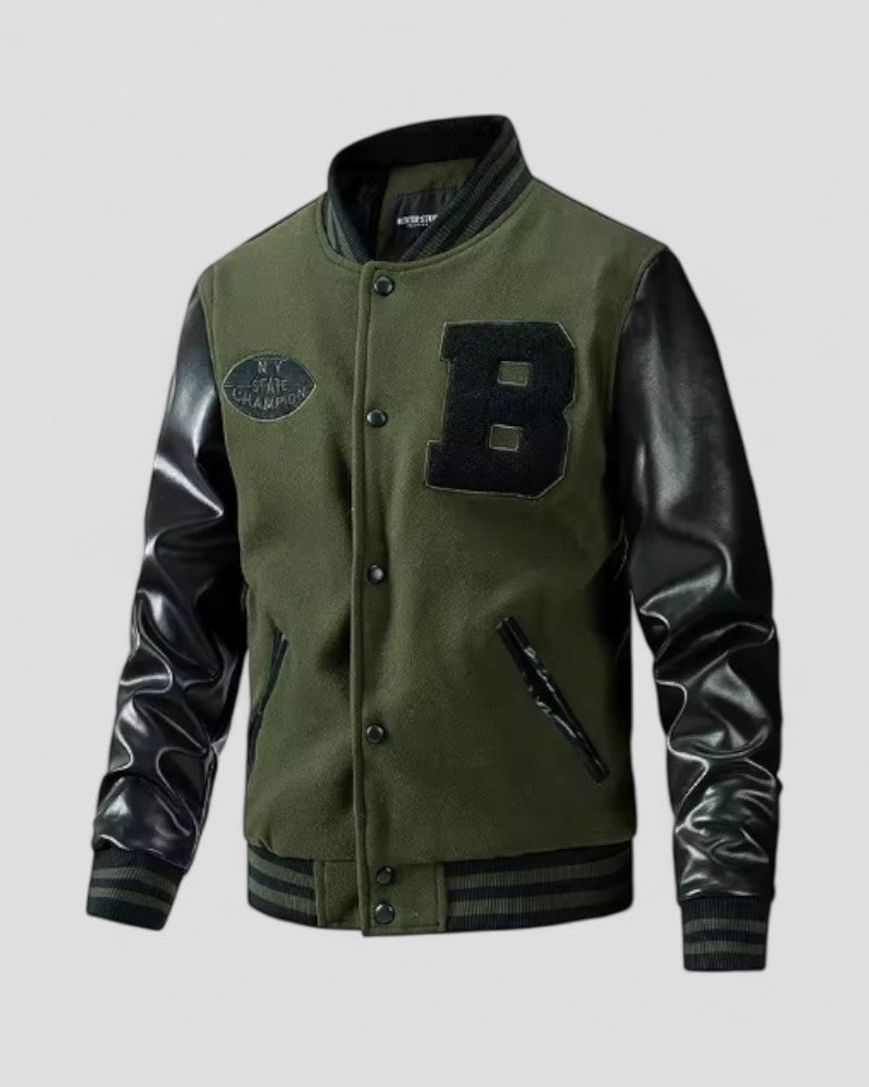 "Miesten moderni bomber-takki: villasekoite, tekonahkahihat, brodeeraukset, katutyyli. Täydellinen syysvaate."