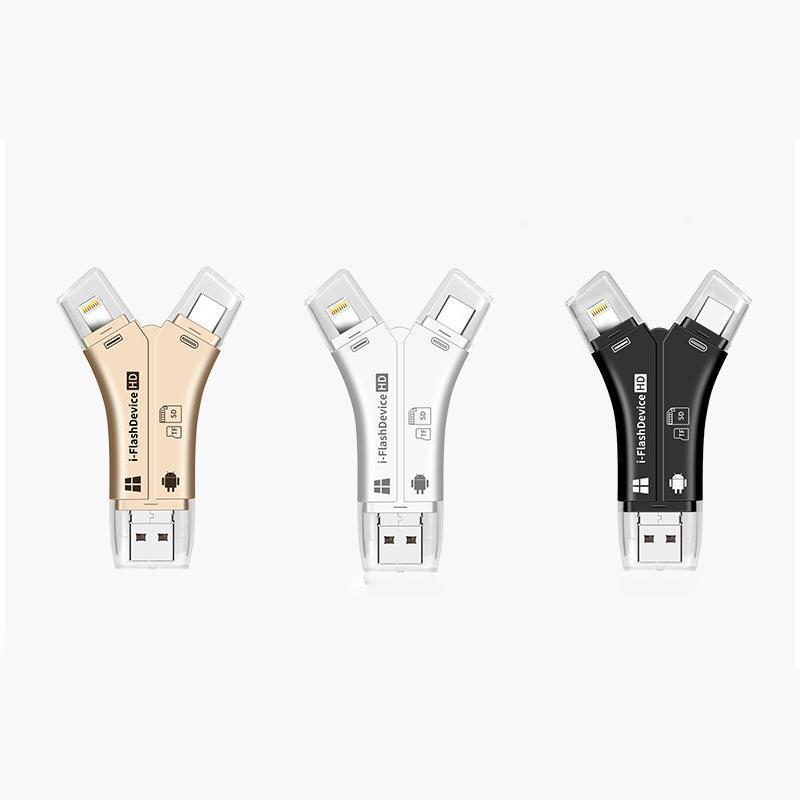 "Monikäyttöinen 4-in-1 kannettava kortinlukija; pieni musta laite neljällä liittimellä; täydellinen älylaitteille."