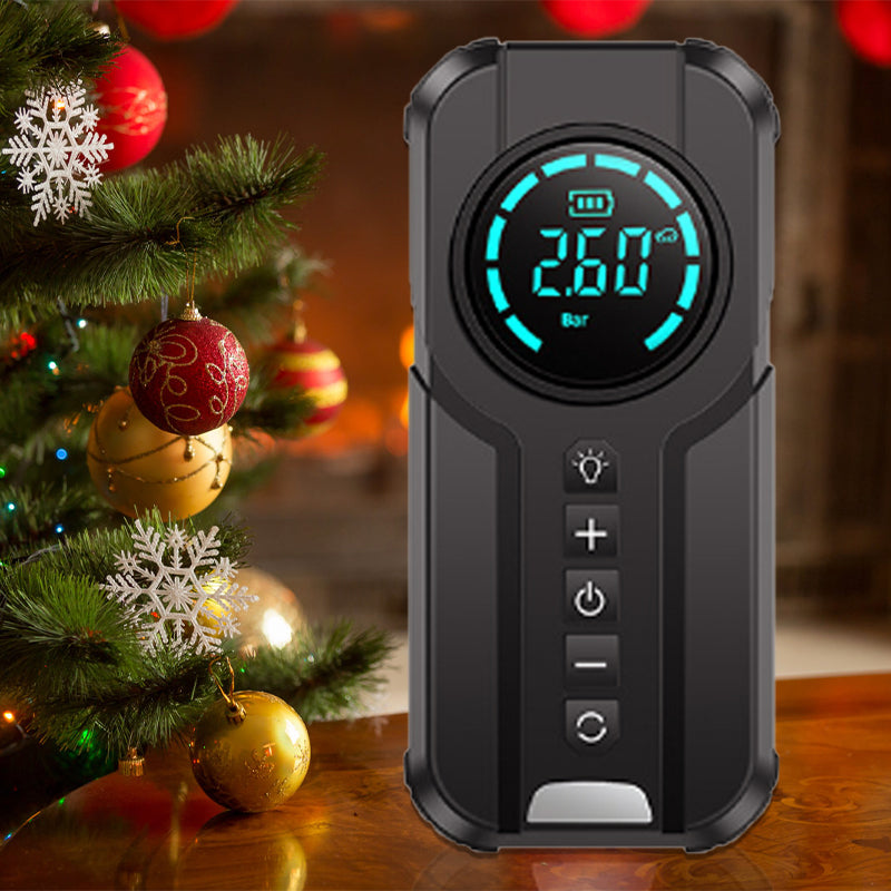 Monikäyttöinen auton hätäkäynnistystarvike ja ilmapumppu, musta ja oranssi, kompakti ja helposti mukana kulkeva.