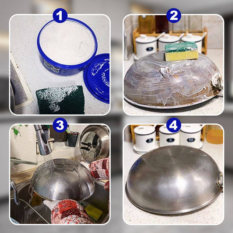 "Ruostumaton teräspasta 300g, puhdistussieni, kirkkaanvalkoinen purkki, kodin pintojen kiillotukseen, naarmuttamatta."