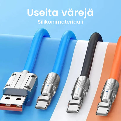 "180° kääntyvä pikalatauskaapeli, kestävä rakenne, USB-C, iPhone liitännät, musta, sininen, oranssi, pituus 1.8m"