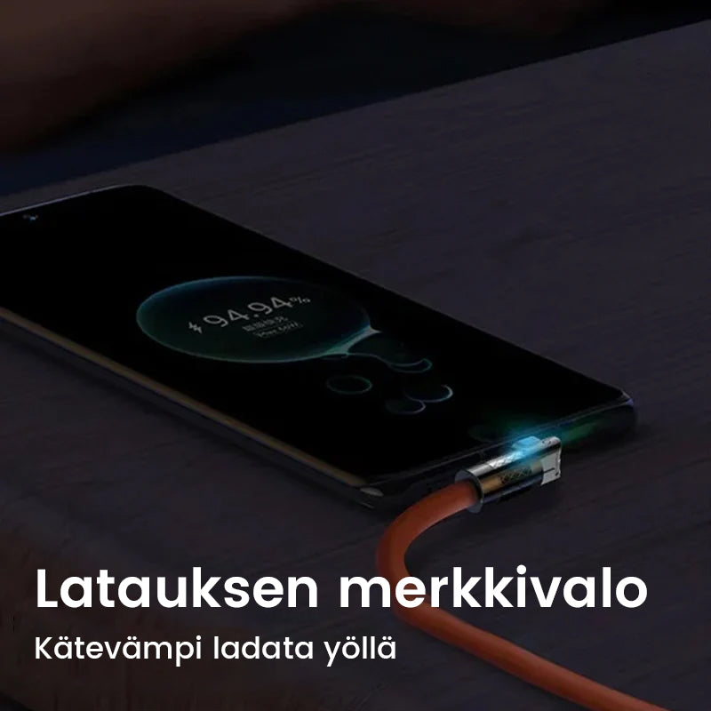 "180° kääntyvä pikalatauskaapeli, kestävä rakenne, USB-C, iPhone liitännät, musta, sininen, oranssi, pituus 1.8m"