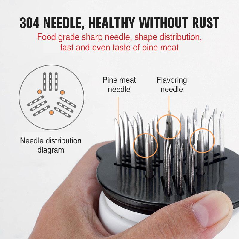 "2-in-1 mureuttaja ja kastikkeen ruiskutin, teräksiset neulat, valkoinen kahva, keittiöväline, liha- ja kastikekäyttöön"