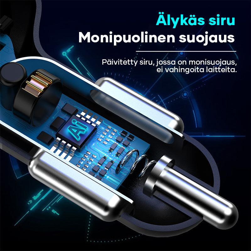 "4-in-1 USB-pikalatausportti autolaitteille, musta/valkoinen, neljä porttia, LED-näyttö, tehokas lataus, moderni muotoilu."