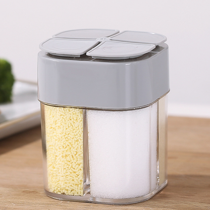 "4-in-1 maustepurkki, neljä lokeroa, läpinäkyvä; keittiöön ja BBQ-käyttöön; kompakti, kätevä säilytysratkaisu"