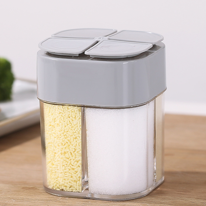 "4-in-1 maustepurkki, neljä lokeroa, läpinäkyvä; keittiöön ja BBQ-käyttöön; kompakti, kätevä säilytysratkaisu"