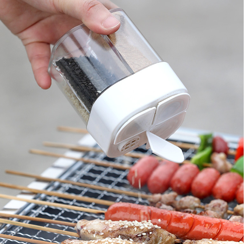 "4-in-1 maustepurkki, neljä lokeroa, läpinäkyvä; keittiöön ja BBQ-käyttöön; kompakti, kätevä säilytysratkaisu"