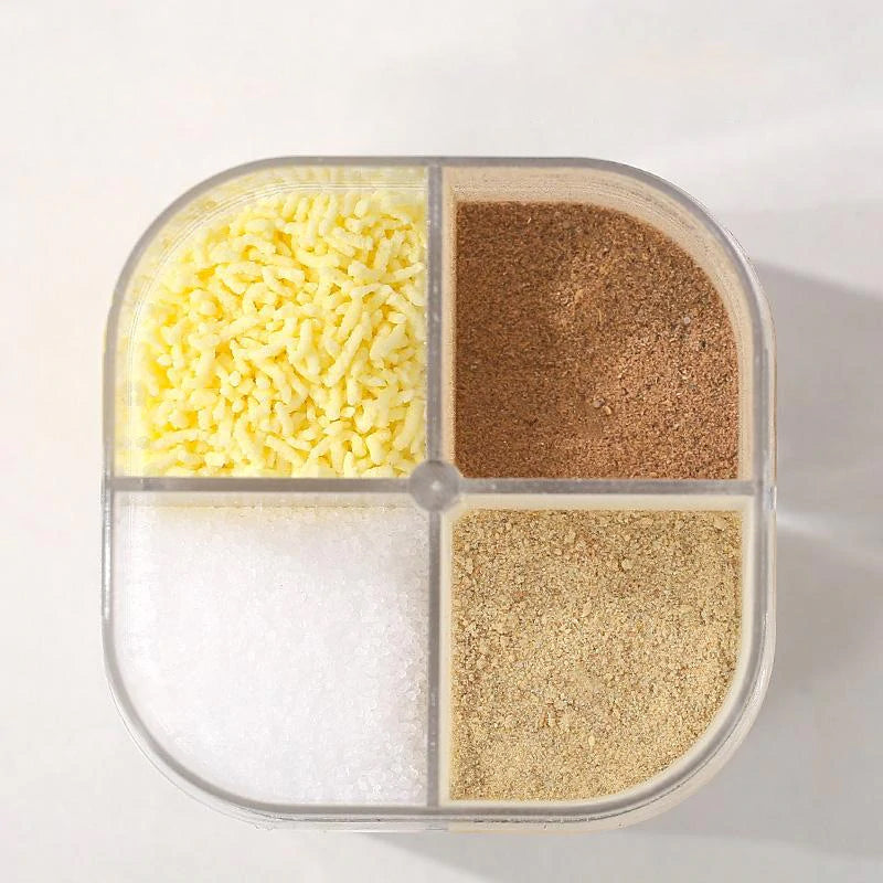 "4-in-1 maustepurkki, neljä lokeroa, läpinäkyvä; keittiöön ja BBQ-käyttöön; kompakti, kätevä säilytysratkaisu"