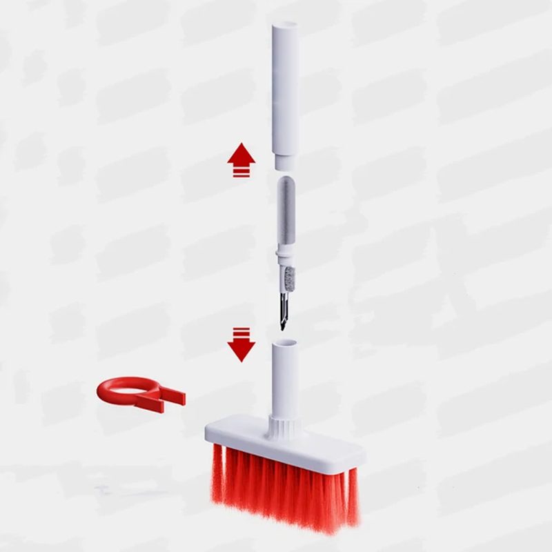 5-in-1 monikäyttöinen puhdistaja näppäimistöille ja kuulokkeille, sisältää pehmeitä nailonharjaksia ja kaksipäisen rakenteen.