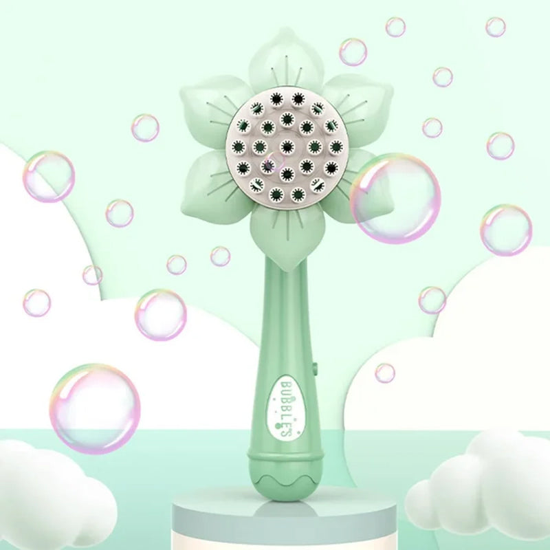 Auringonkukan muotoinen lasten kuplakone, 23-reikäinen sininen lelu, sisä- ja ulkoleikkeihin, paristokäyttöinen.