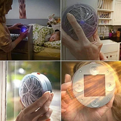 "Aurinkoenergialla toimiva harmaa hyönteiskarkotin ulkokäyttöön, kompakti muotoilu ilman kemikaaleja."