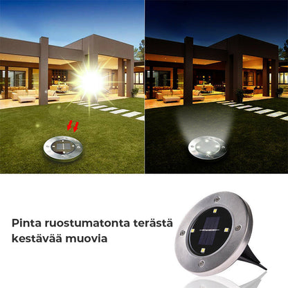 "Aurinkoenergialla toimivat LED-polkuvalot puutarhaan, hopeinen runko, lämpimän valkoiset LEDit, istutettuna nurmikolle."