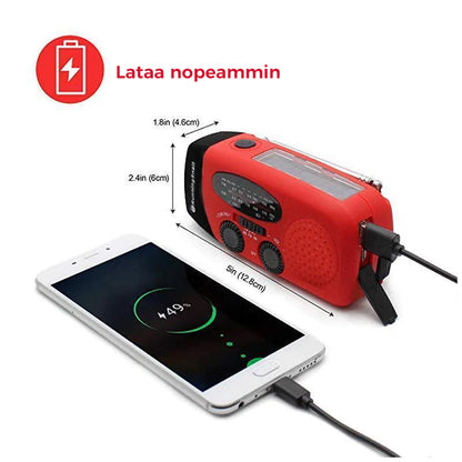 "Aurinkoladattava vedenpitävä hätäradio, LED-taskulamppu, AM/FM/WB-toiminnot, kompaktikokoinen ulkoilmakäyttöön."