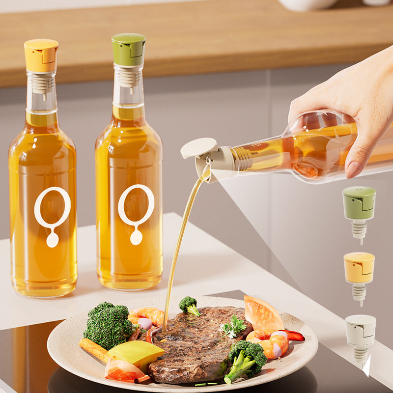 Automaattinen maustepullon tulppa keittiöön - vihreä, keltainen ja valkoinen väri, moderni muotoilu, säästää öljyä.