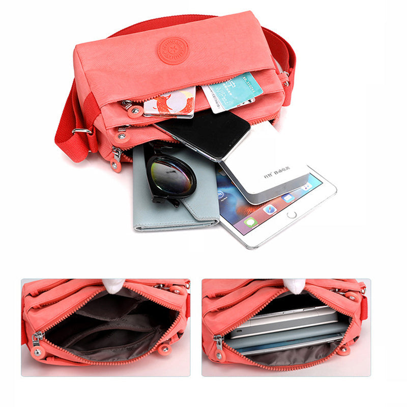 "Elegantti, kevyt monikerroksinen naisten olkalaukku useilla taskuilla ja värivaihtoehdoilla, sopii arkeen ja juhlaan."