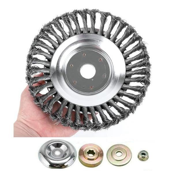 Kestävä ja hopeinen terästrimmerin terä, valmistettu teräksestä, leikkaa tehokkaasti rikkaruohot ja kestää kulutusta.