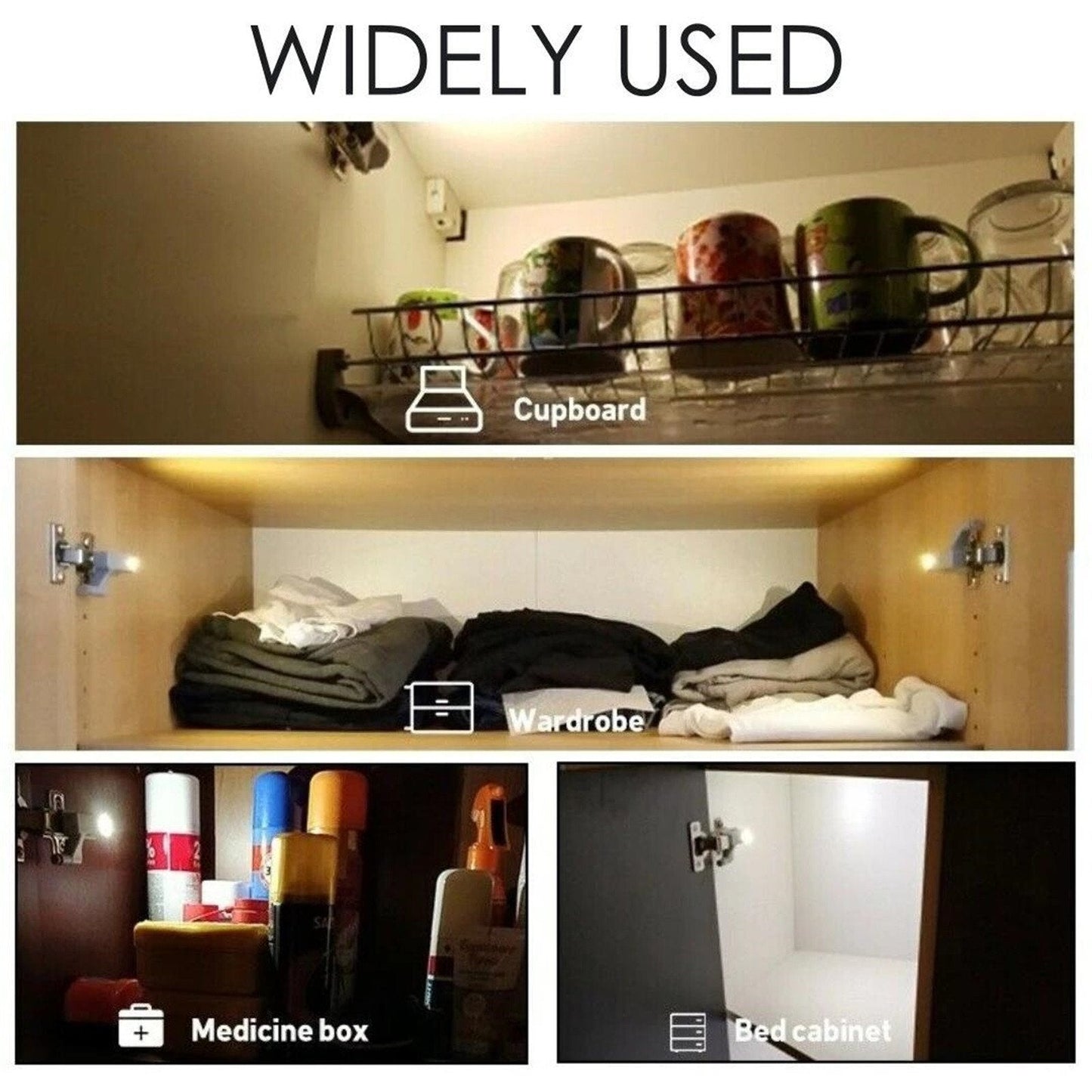 "Kylmävalo LED-sarana lamppu kaapille, kylmä valkoinen valo helpottaa tavaroiden löytämistä pimeässä kaapissa."