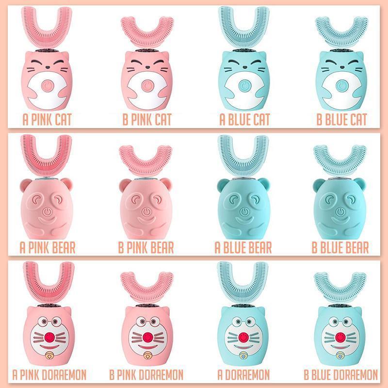 "Lasten U-muotoinen sähköhammasharja, sarjakuvateemalla, värikäs, söpö kuviointi, pehmeä silikoniharja herkille hampaille."