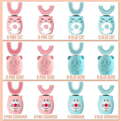 "Lasten U-muotoinen sähköhammasharja, sarjakuvateemalla, värikäs, söpö kuviointi, pehmeä silikoniharja herkille hampaille."