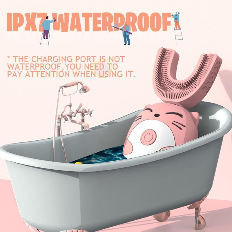 "Lasten U-muotoinen sähköhammasharja, sarjakuvateemalla, värikäs, söpö kuviointi, pehmeä silikoniharja herkille hampaille."