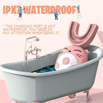 "Lasten U-muotoinen sähköhammasharja, sarjakuvateemalla, värikäs, söpö kuviointi, pehmeä silikoniharja herkille hampaille."