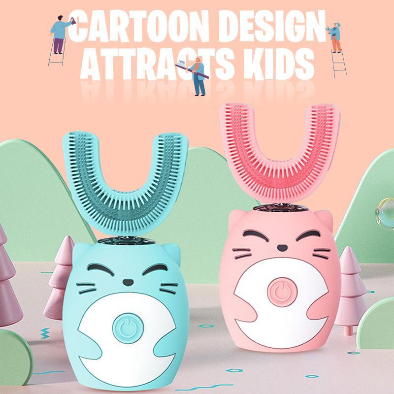 "Lasten U-muotoinen sähköhammasharja, sarjakuvateemalla, värikäs, söpö kuviointi, pehmeä silikoniharja herkille hampaille."