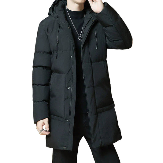 "Miesten pitkä vuorattu hupullinen tuulenpitävä takki, harmaa, huppu ylös, tuulenpitävä ja vettä hylkivä materiaali."