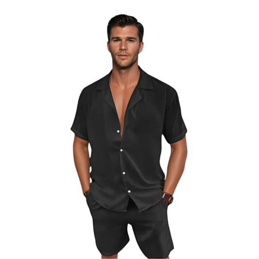 Miesten puuvilla-linapuku, lyhythihainen paita ja shortsit, rento ja tyylikäs kesäasu rannalle ja kaupunkiretkiin.