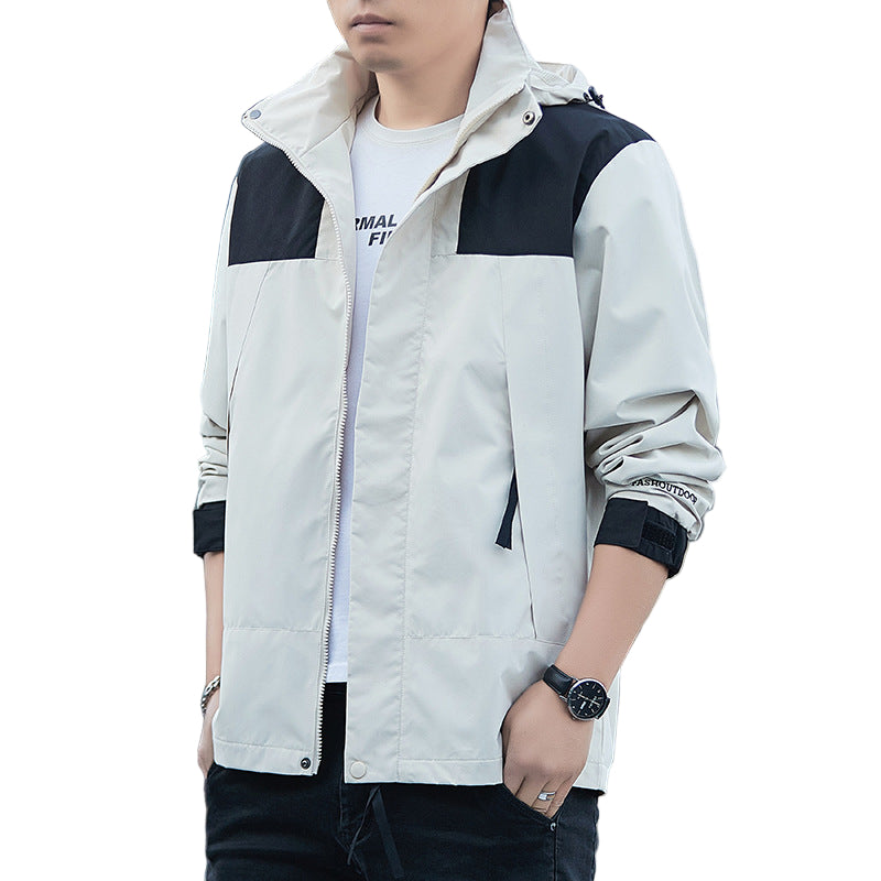 "Miesten vedenpitävä ulkoilutakki, säänkestävä materiaali, paneelirakenne, kevät-syksy, monikäyttöinen ja tyylikäs."