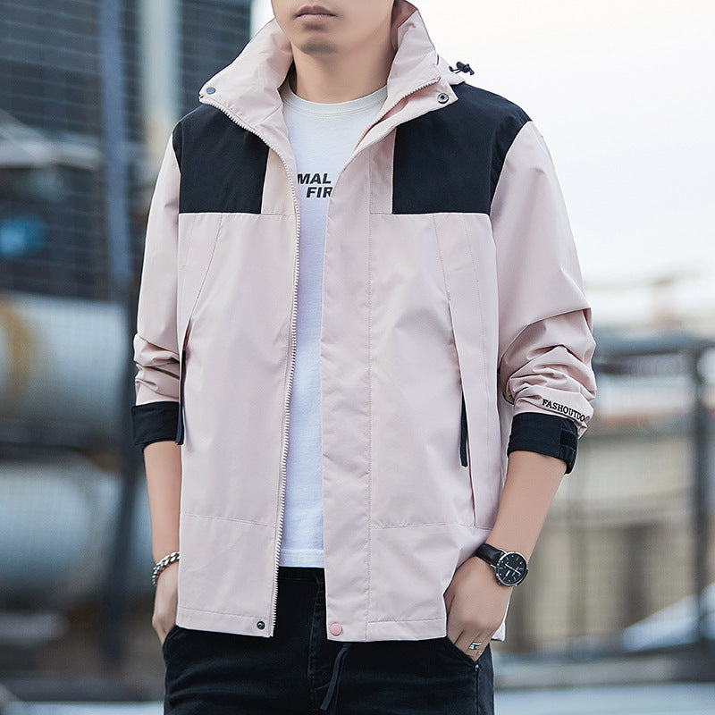 "Miesten vedenpitävä ulkoilutakki, säänkestävä materiaali, paneelirakenne, kevät-syksy, monikäyttöinen ja tyylikäs."