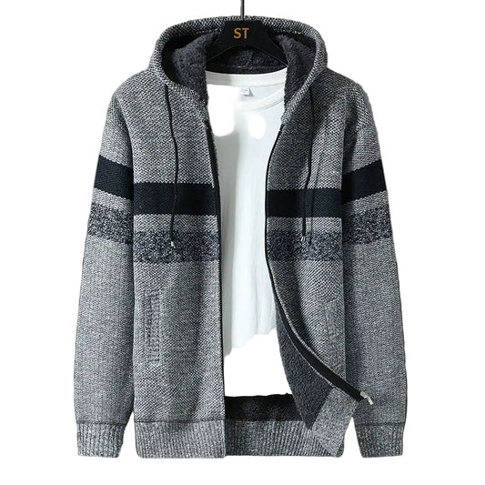 Miesten vetoketjullinen neuletakki, rento istuvuus, kuvioidut paneelit, käytännölliset taskut, sopii syksyyn ja talveen.