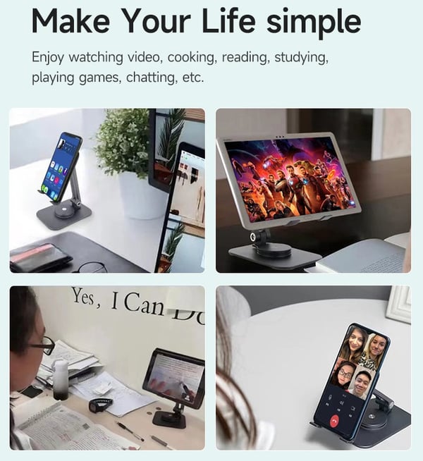 Monikäyttöinen 360° kääntyvä tabletti/puhelinpidike hopea, säädettävä korkeus, liukuestepinnat, alumiiniseos.