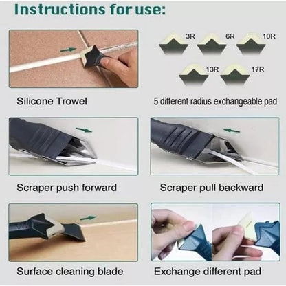 "Monikäyttöinen 3-in-1 tiivistystyökalu, jossa ergonominen kahva ja vaihdettavat terät, täydellinen tiivistämiseen."