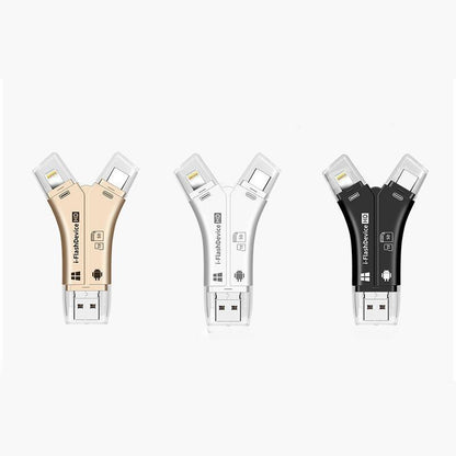 "Monikäyttöinen 4-in-1 kannettava kortinlukija; pieni musta laite neljällä liittimellä; täydellinen älylaitteille."