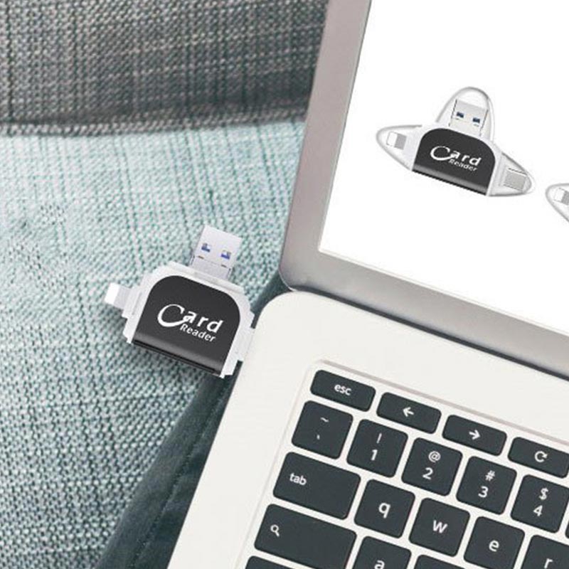 "Monitoiminen 4-in-1 kortinlukija, musta tai ruusukulta, tukeva sinkkiseos, USB, Lightning, Micro-USB yhteensopiva."