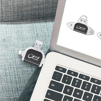 "Monitoiminen 4-in-1 kortinlukija, musta tai ruusukulta, tukeva sinkkiseos, USB, Lightning, Micro-USB yhteensopiva."