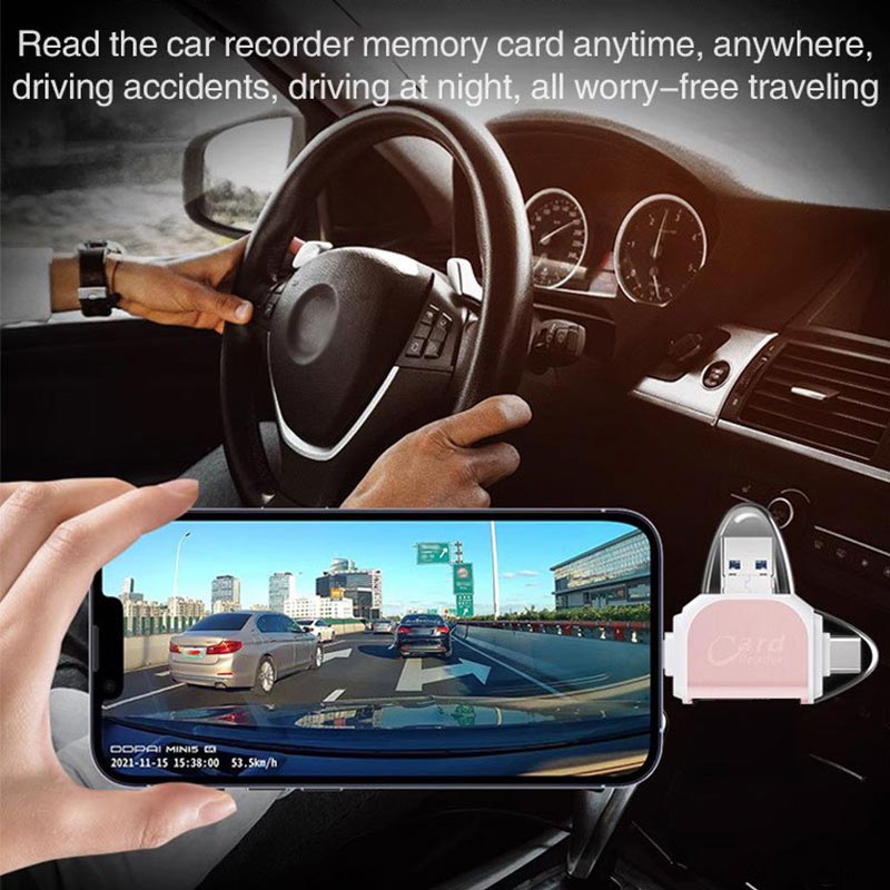 "Monitoiminen 4-in-1 kortinlukija, musta tai ruusukulta, tukeva sinkkiseos, USB, Lightning, Micro-USB yhteensopiva."