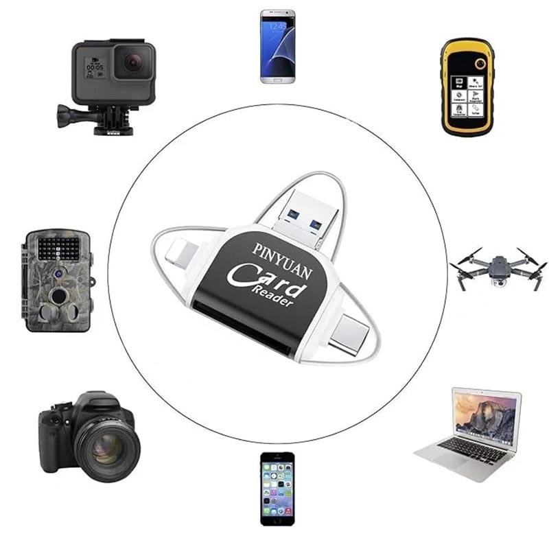 "Monitoiminen 4-in-1 kortinlukija, musta tai ruusukulta, tukeva sinkkiseos, USB, Lightning, Micro-USB yhteensopiva."