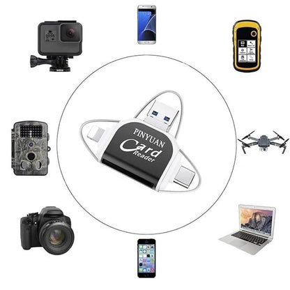 "Monitoiminen 4-in-1 kortinlukija, musta tai ruusukulta, tukeva sinkkiseos, USB, Lightning, Micro-USB yhteensopiva."