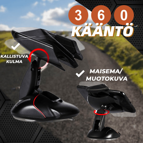 Musta 360° kääntyvä puhelinpidike autoon, tyylikäs muotoilu muistuttaa tietokonehiirtä, turvallinen silikoni ja imukuppi.