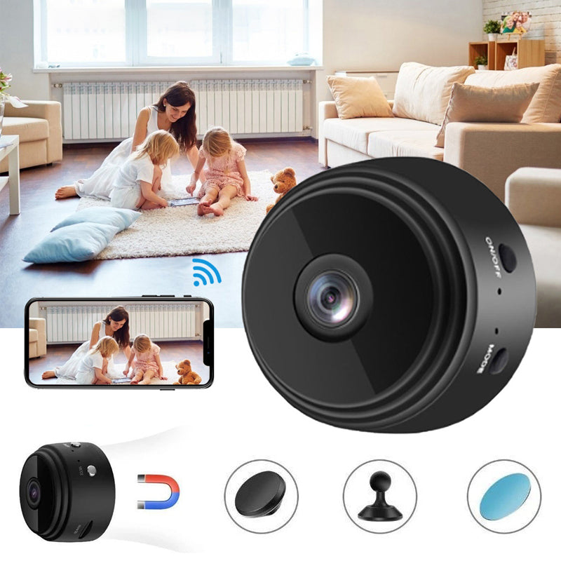 "Musta ja valkoinen 1080p WiFi Mini Kamera, kompakti magneettikiinnitys, laaja 150° kuvakulma"