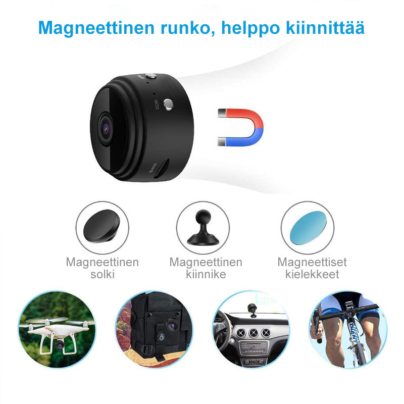 "Musta ja valkoinen 1080p WiFi Mini Kamera, kompakti magneettikiinnitys, laaja 150° kuvakulma"
