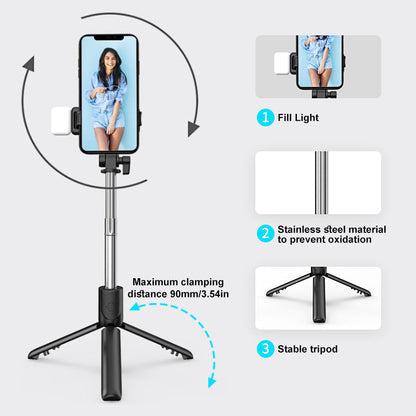 "Musta/valkoinen 6-in-1 langaton Bluetooth selfietikku tripod, kestävä ja kevyt muotoilu, monikäyttöinen valokuvaukseen."