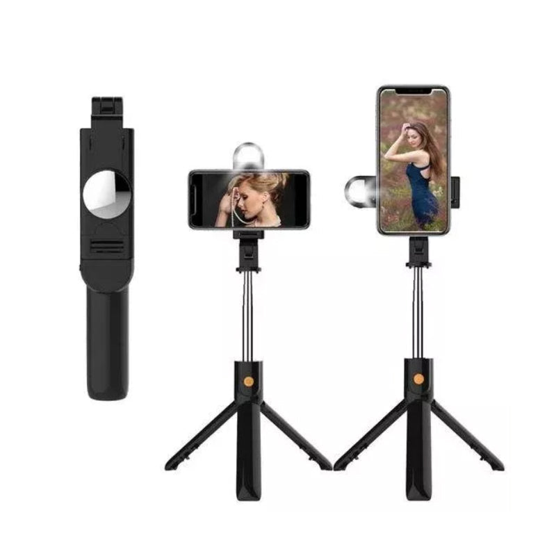 "Musta/valkoinen 6-in-1 langaton Bluetooth selfietikku tripod, kestävä ja kevyt muotoilu, monikäyttöinen valokuvaukseen."